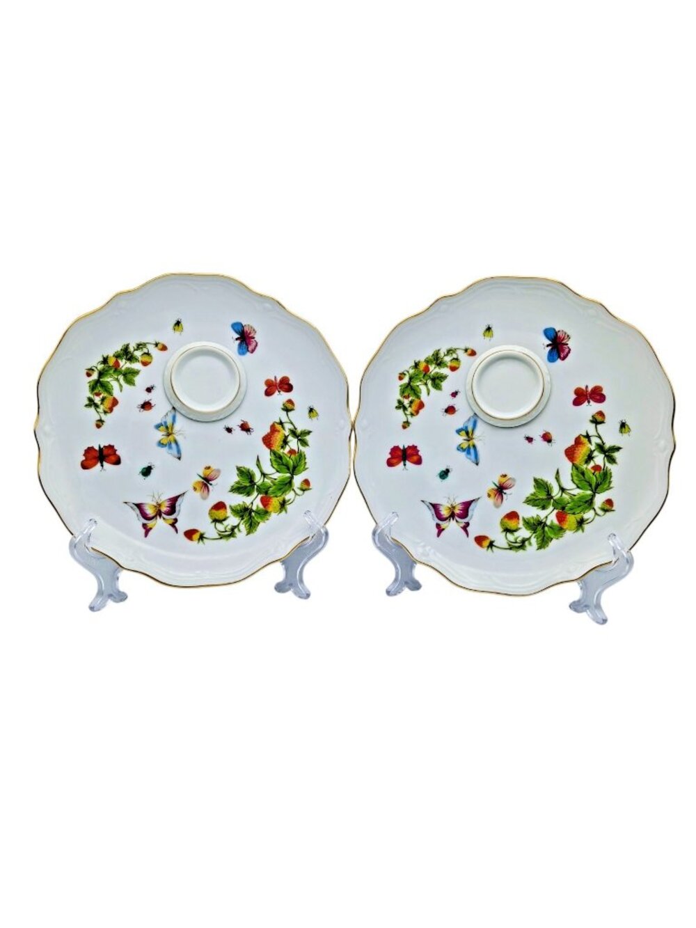 Ardalt Japan Strawberry Butterfly Snack Plates Gold Rim Porcelain 9.25" Pair